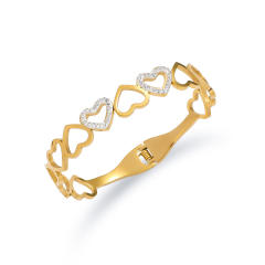 Hollow out heart rhinestone stainless steel bangle bracelet