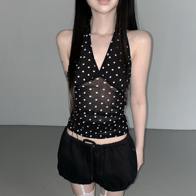 2025 New Arrival Black Poll Dot All-Match Backless V-Neck Tops