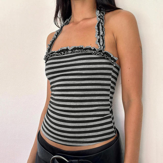 2025 Summer Sexy Hot Girl Style Casual Striped Halter Neck Pleated Vest