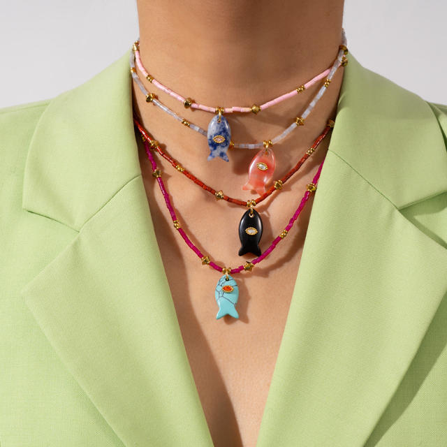 Small Fish pendant Natural Stone Stainless Steel Necklace choker necklace for summer