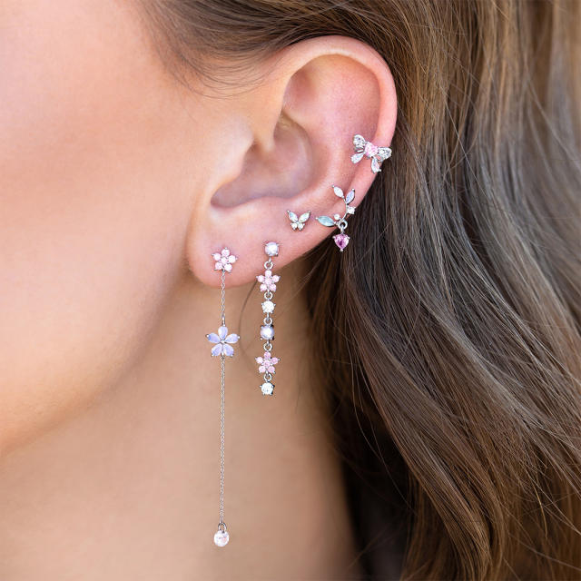 Romantic Pink Tassel Bow Copper Plated Real Gold 18K huggie cartilage earrings set