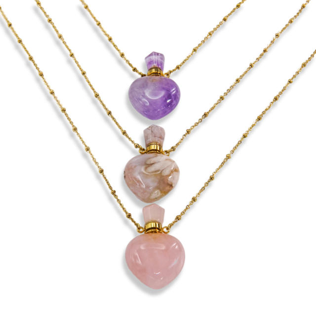 Light luxury style lovely natural stone perfume bottle necklace stainless steel 14K gold necklace