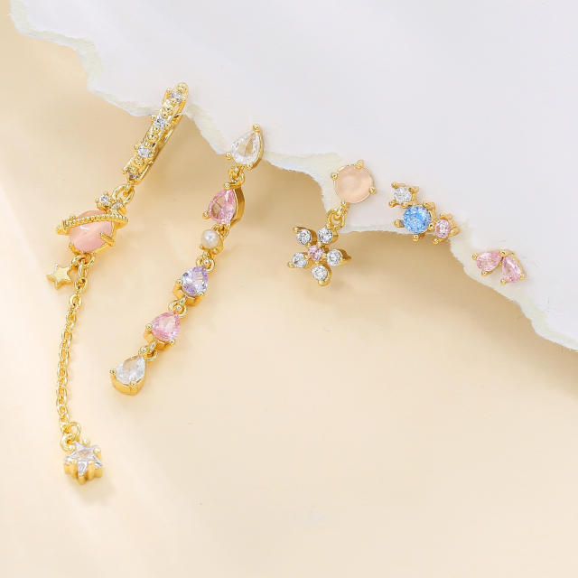 Asymmetrical Heart Earrings for Women Zircon Long Tassel cartilage Earrings set