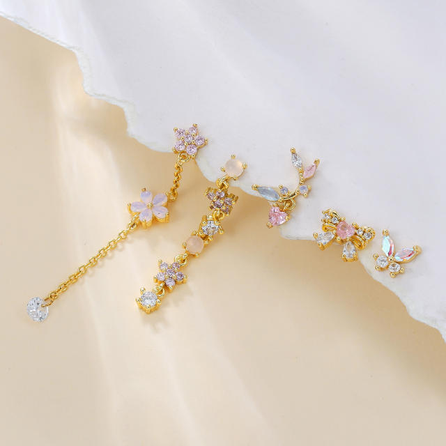 Romantic Pink Tassel Bow Copper Plated Real Gold 18K huggie cartilage earrings set