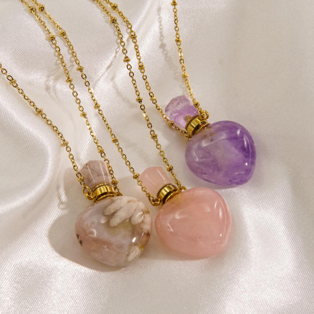 Light luxury style lovely natural stone perfume bottle necklace stainless steel 14K gold necklace