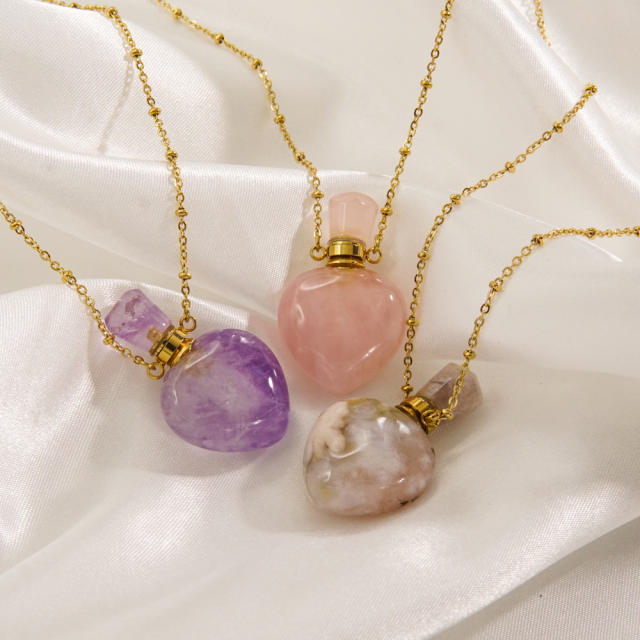 Light luxury style lovely natural stone perfume bottle necklace stainless steel 14K gold necklace