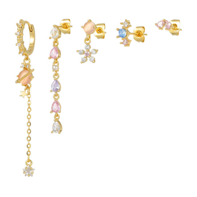 Asymmetrical Heart Earrings for Women Zircon Long Tassel cartilage Earrings set