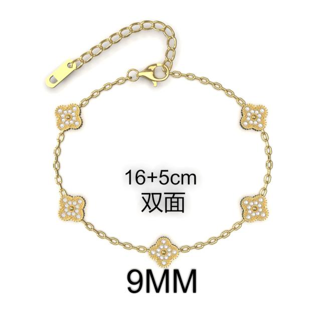 9MM Four-leaf Flower clover stainless steel Bracelet double side diamond color clover bracelet