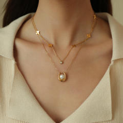 Fashionable Stainless Steel Gold-Plated Four-Leaf Clover Lucky Flower Zircon Pearl Women's Necklace
