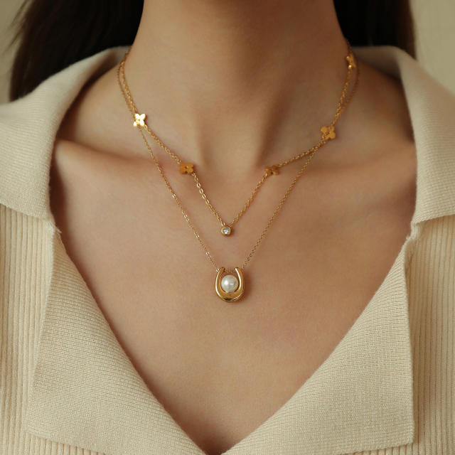 Fashionable Stainless Steel Gold-Plated Four-Leaf Clover Lucky Flower Zircon Pearl Women's Necklace