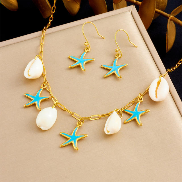 Summer holiday blue enamel starfish shell charms stainless steel necklace earrings suit