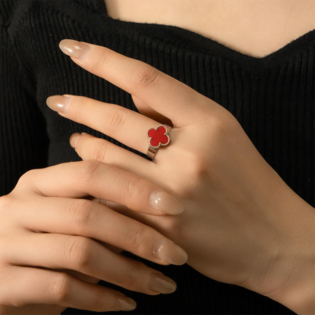 Silver color enamel four leaf clover stainless steel rings
