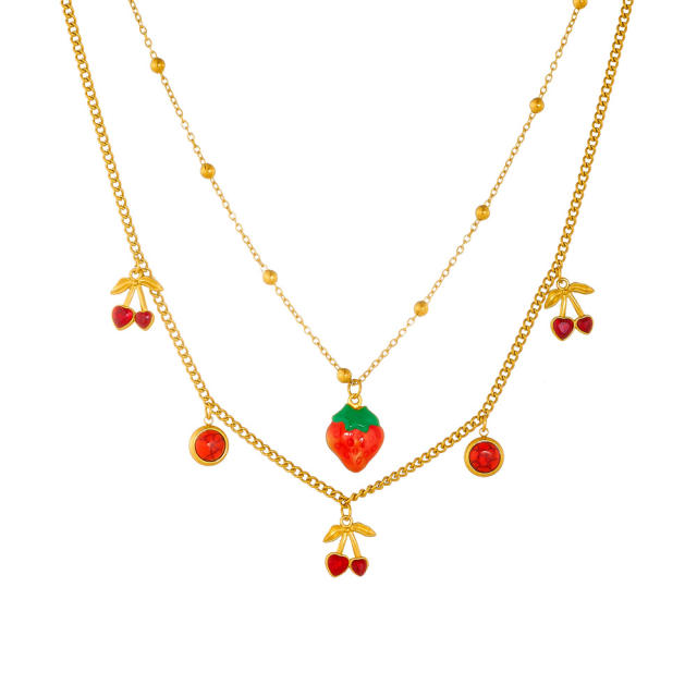Summer fresh fruit cherry strawberry two layer stainless steel necklace