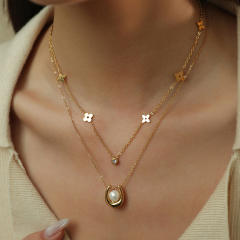 Fashionable Stainless Steel Gold-Plated Four-Leaf Clover Lucky Flower Zircon Pearl Women's Necklace