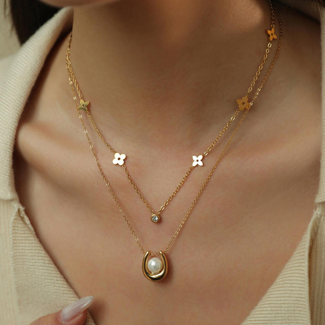 Fashionable Stainless Steel Gold-Plated Four-Leaf Clover Lucky Flower Zircon Pearl Women's Necklace