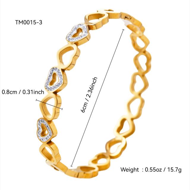 18KG concise hollow out diamond heart stainless steel bangle bacelet