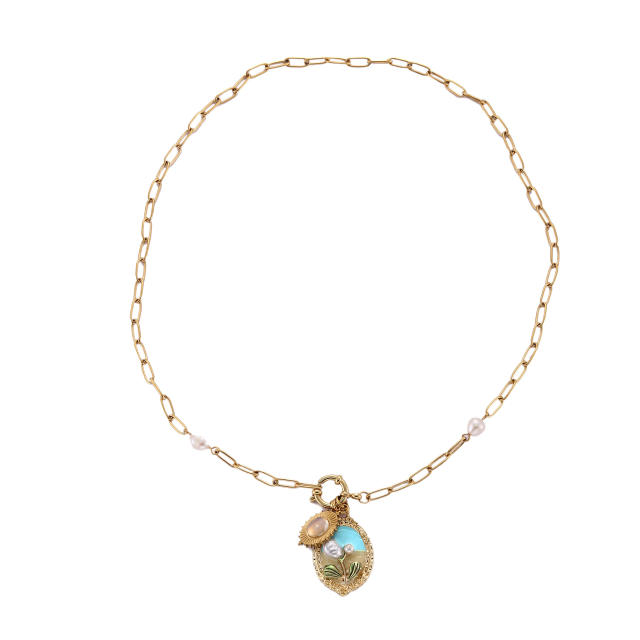 Enamel Tulip Geometric pendant Simple Elegant Necklace stainless steel necklace