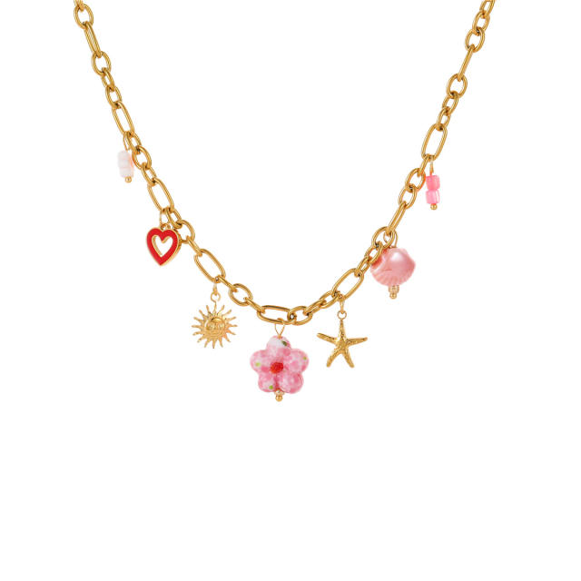 Summer ocean series enamel pink color multi element charms stainless steel necklace