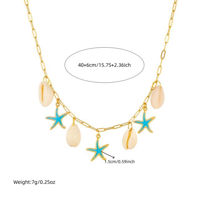 Summer holiday blue enamel starfish shell charms stainless steel necklace earrings suit