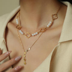 Four-Leaf Clover Lucky Flower Stainless Steel 18K Gold-Plated Star Y-Shaped Pearl Women's Necklace Combination