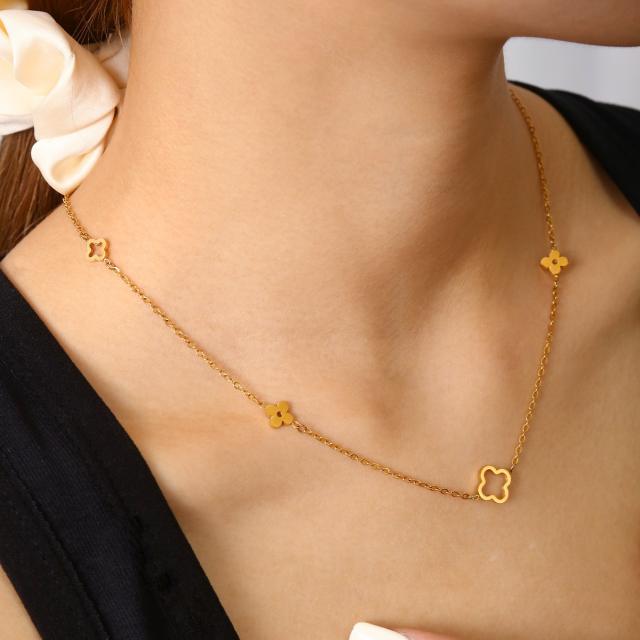 Dainty hollow out four leaf flower stainless steel necklace
