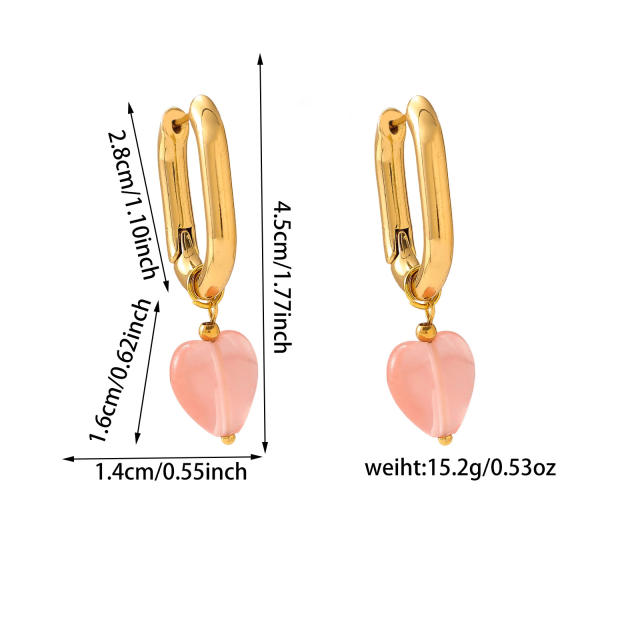 Heart shape natural stone stainless steel u shape earrings