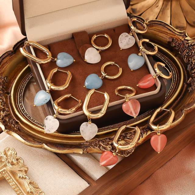 Heart shape natural stone stainless steel u shape earrings