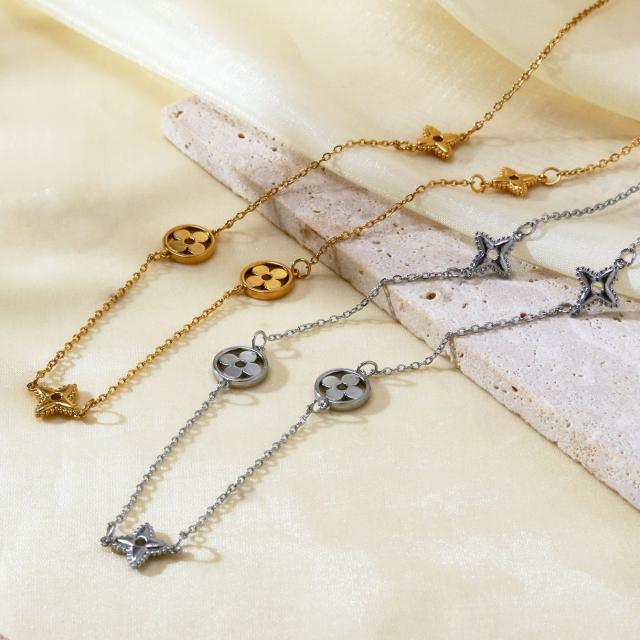 Designer hollow out four leaf flower lucky flower stainless steel necklace