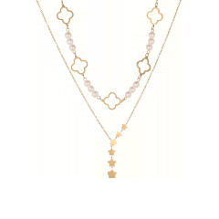 Four-Leaf Clover Lucky Flower Stainless Steel 18K Gold-Plated Star Y-Shaped Pearl Women's Necklace Combination