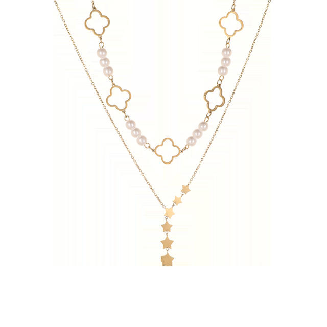 Four-Leaf Clover Lucky Flower Stainless Steel 18K Gold-Plated Star Y-Shaped Pearl Women's Necklace Combination
