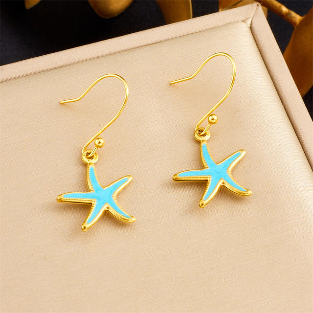 Summer holiday blue enamel starfish shell charms stainless steel necklace earrings suit