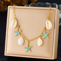 Summer holiday blue enamel starfish shell charms stainless steel necklace earrings suit