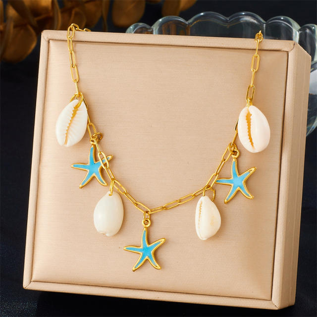 Summer holiday blue enamel starfish shell charms stainless steel necklace earrings suit