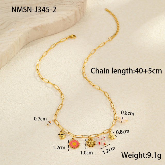 Summer ocean series enamel pink color multi element charms stainless steel necklace