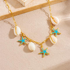 Summer holiday blue enamel starfish shell charms stainless steel necklace earrings suit