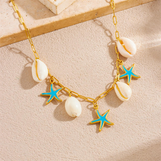 Summer holiday blue enamel starfish shell charms stainless steel necklace earrings suit