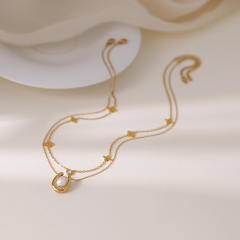 Fashionable Stainless Steel Gold-Plated Four-Leaf Clover Lucky Flower Zircon Pearl Women's Necklace