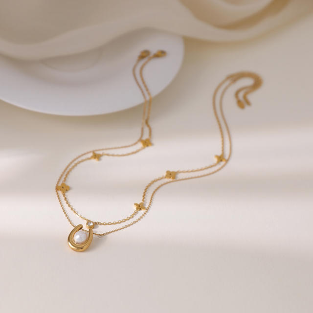 Fashionable Stainless Steel Gold-Plated Four-Leaf Clover Lucky Flower Zircon Pearl Women's Necklace