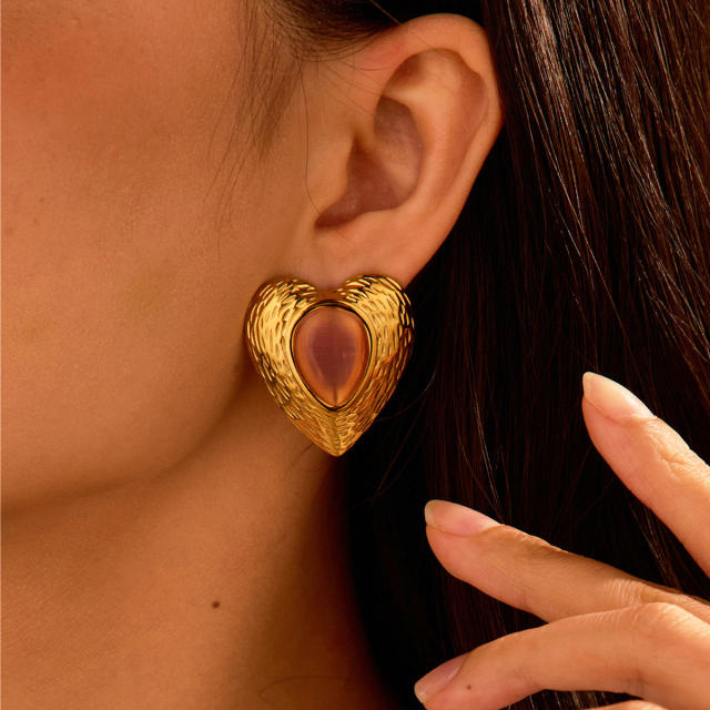 Elegant colorful opal stone statement heart shape oval shape stainless steel earrings rings suit
