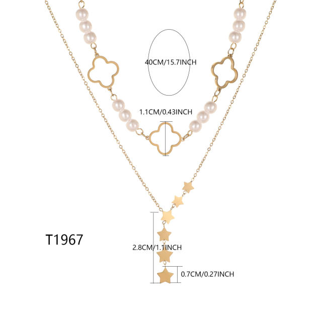 Four-Leaf Clover Lucky Flower Stainless Steel 18K Gold-Plated Star Y-Shaped Pearl Women's Necklace Combination