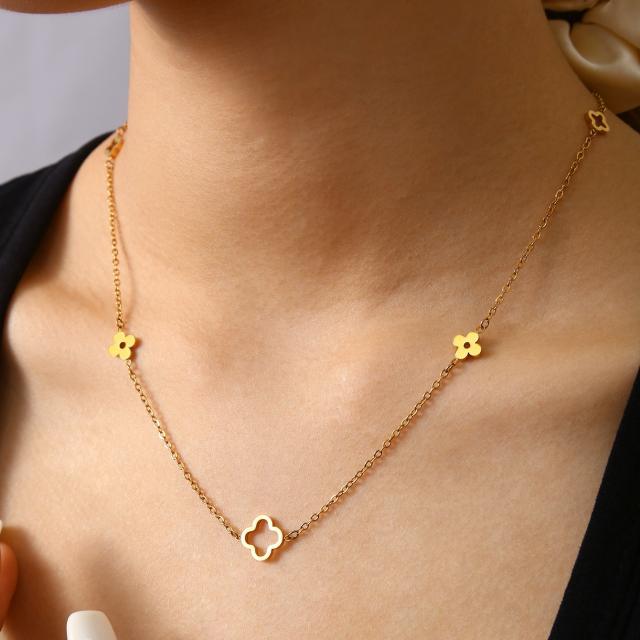 Dainty hollow out four leaf flower stainless steel necklace
