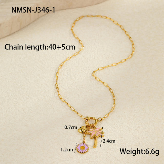 Summer ocean series enamel pink color multi element charms stainless steel necklace