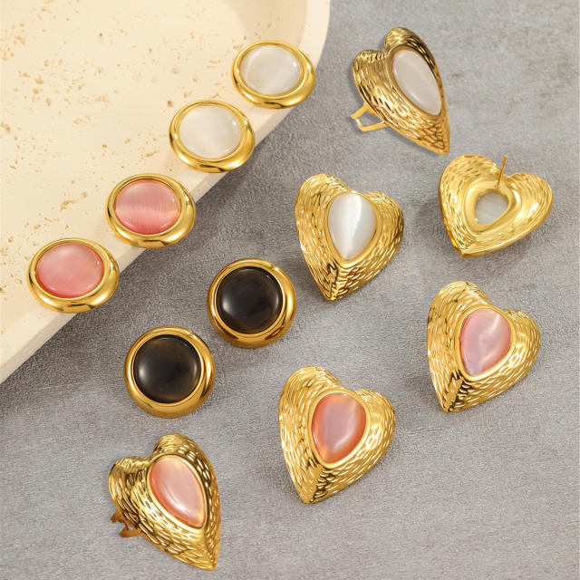 Elegant colorful opal stone statement heart shape oval shape stainless steel earrings rings suit