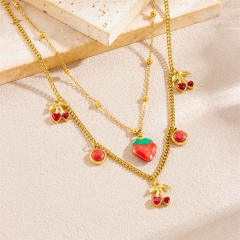 Summer fresh fruit cherry strawberry two layer stainless steel necklace