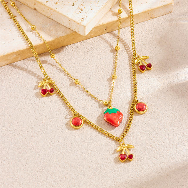 Summer fresh fruit cherry strawberry two layer stainless steel necklace