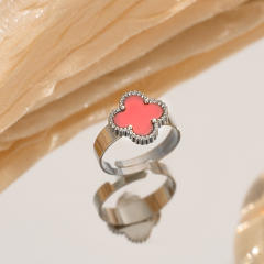 Silver color enamel four leaf clover stainless steel rings