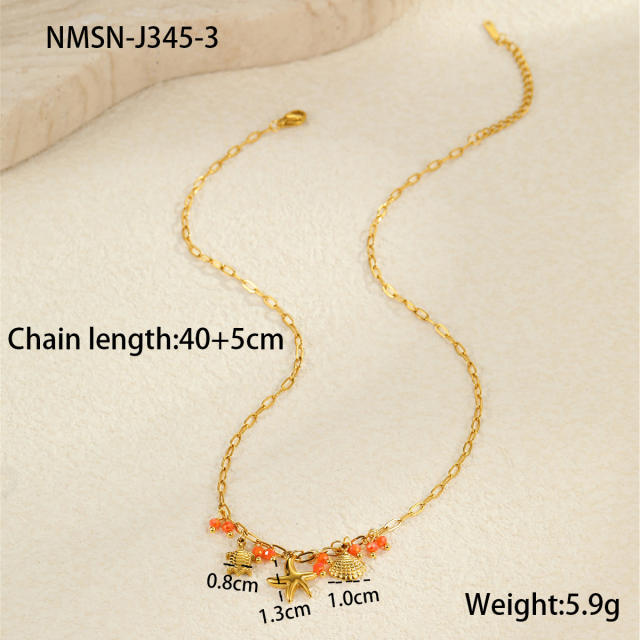 Summer ocean series enamel pink color multi element charms stainless steel necklace