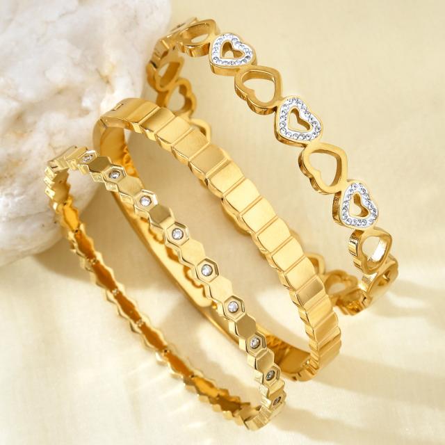 18KG concise hollow out diamond heart stainless steel bangle bacelet