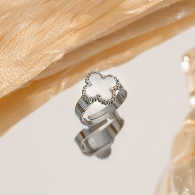 Silver color enamel four leaf clover stainless steel rings