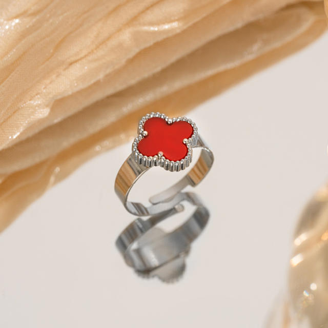 Silver color enamel four leaf clover stainless steel rings
